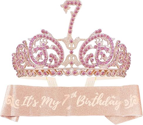 7th Birthday Sash and Tiara for Girls - Fabulous Glitter Sash + Forest Rhinestone Pink Premium Metal Tiara for Girls, 7th Birthday Gifts for Princess Party in Saudi Arabia