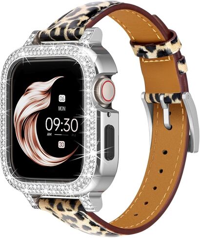 Leather Watch Band Compatible for Apple Watch 40mm 41mm 44mm 45mm Bands, Leopard Print Leather Replacement Bracelet with Bling Protective Frame Bumper Case for iWatch Strap Series 8 7 6 5 4 SE in Kuwait
