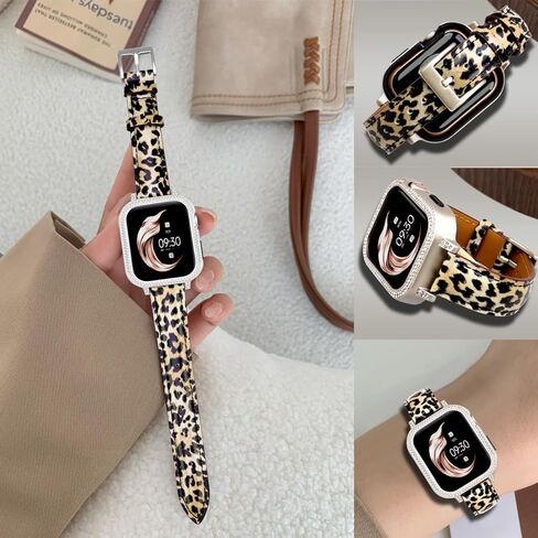 Leather Watch Band Compatible for Apple Watch 40mm 41mm 44mm 45mm Bands, Leopard Print Leather Replacement Bracelet with Bling Protective Frame Bumper Case for iWatch Strap Series 8 7 6 5 4 SE in Kuwait