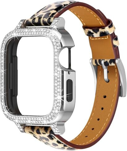 Leather Watch Band Compatible for Apple Watch 40mm 41mm 44mm 45mm Bands, Leopard Print Leather Replacement Bracelet with Bling Protective Frame Bumper Case for iWatch Strap Series 8 7 6 5 4 SE in Kuwait