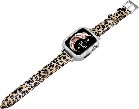 Leather Watch Band Compatible for Apple Watch 40mm 41mm 44mm 45mm Bands, Leopard Print Leather Replacement Bracelet with Bling Protective Frame Bumper Case for iWatch Strap Series 8 7 6 5 4 SE in Kuwait