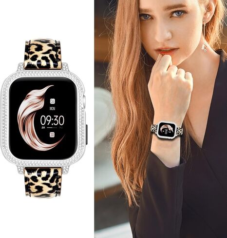 Leather Watch Band Compatible for Apple Watch 40mm 41mm 44mm 45mm Bands, Leopard Print Leather Replacement Bracelet with Bling Protective Frame Bumper Case for iWatch Strap Series 8 7 6 5 4 SE in Kuwait