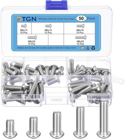 50Pcs M6 Button Head Socket Cap Screws Kit - 10/12/16/20/25mm 304 Stainless Steel 18/8 Full Thread Hex Socket Cap Screw Assortment - Good for Machine, Furniture Repairing in Saudi Arabia