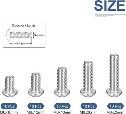 50Pcs M6 Button Head Socket Cap Screws Kit - 10/12/16/20/25mm 304 Stainless Steel 18/8 Full Thread Hex Socket Cap Screw Assortment - Good for Machine, Furniture Repairing in Saudi Arabia