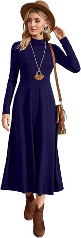 SOLY HUX Women's Mock Neck Long Sleeve Flared A Line Midi Dress Solid High Waist Swing Flowy Long Dresses in Saudi Arabia