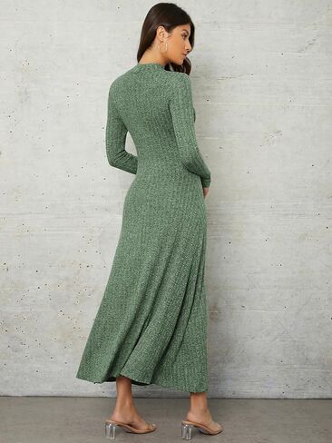 SOLY HUX Women's Mock Neck Long Sleeve Flared A Line Midi Dress Solid High Waist Swing Flowy Long Dresses in Saudi Arabia