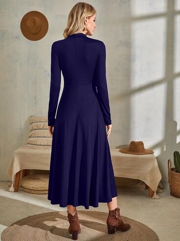 SOLY HUX Women's Mock Neck Long Sleeve Flared A Line Midi Dress Solid High Waist Swing Flowy Long Dresses in Saudi Arabia