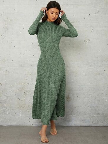 SOLY HUX Women's Mock Neck Long Sleeve Flared A Line Midi Dress Solid High Waist Swing Flowy Long Dresses in Saudi Arabia