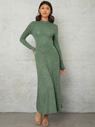 SOLY HUX Women's Mock Neck Long Sleeve Flared A Line Midi Dress Solid High Waist Swing Flowy Long Dresses in Saudi Arabia