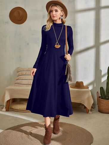 SOLY HUX Women's Mock Neck Long Sleeve Flared A Line Midi Dress Solid High Waist Swing Flowy Long Dresses in Saudi Arabia