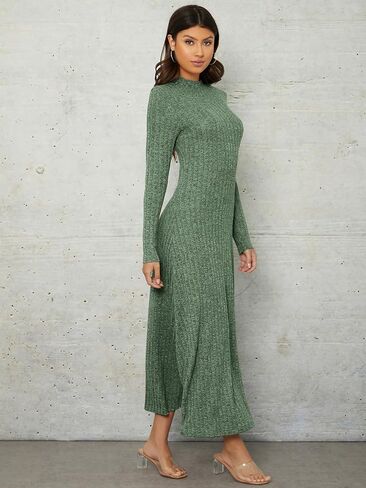 SOLY HUX Women's Mock Neck Long Sleeve Flared A Line Midi Dress Solid High Waist Swing Flowy Long Dresses in Saudi Arabia