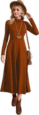SOLY HUX Women's Mock Neck Long Sleeve Flared A Line Midi Dress Solid High Waist Swing Flowy Long Dresses in Saudi Arabia