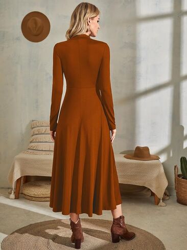 SOLY HUX Women's Mock Neck Long Sleeve Flared A Line Midi Dress Solid High Waist Swing Flowy Long Dresses in Saudi Arabia