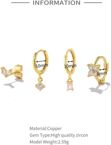 مجموعات أقراط للثقب المتعدد، أقراط متدلية صغيرة من الذهب والفضة عيار 14 قيراط من Huggie Dainty لا تسبب الحساسية من الماس الغضروف الغضروف مكدسات هدايا المجوهرات in Saudi Arabia