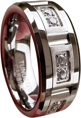 8mm Silver/Black/Gold Tungsten Rings for Men Women Couple Eternity Anniversary Engagement Wedding Bands Fashion Jewelry CZ Stone Inlay Beveled Matte Polished Comfort Fit in Saudi Arabia