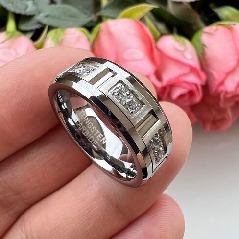 8mm Silver/Black/Gold Tungsten Rings for Men Women Couple Eternity Anniversary Engagement Wedding Bands Fashion Jewelry CZ Stone Inlay Beveled Matte Polished Comfort Fit in Saudi Arabia