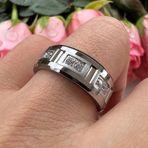 8mm Silver/Black/Gold Tungsten Rings for Men Women Couple Eternity Anniversary Engagement Wedding Bands Fashion Jewelry CZ Stone Inlay Beveled Matte Polished Comfort Fit in Saudi Arabia