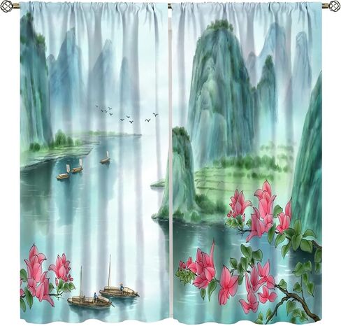 Japanese Cherry Blossom Curtain, Mountain River Pine Trees Nature Landscape Asian Style Window Treatments for Living Room Bedroom Decor, Tradition Oriental Printed Drapes 2 Panel Sets,42x45 Inch in Kuwait