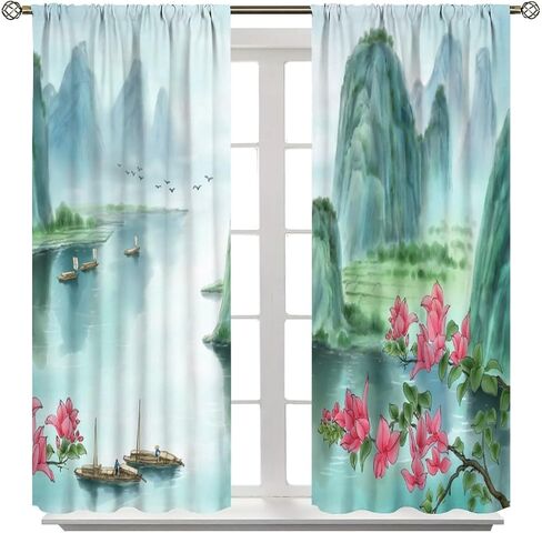 Japanese Cherry Blossom Curtain, Mountain River Pine Trees Nature Landscape Asian Style Window Treatments for Living Room Bedroom Decor, Tradition Oriental Printed Drapes 2 Panel Sets,42x45 Inch in Kuwait