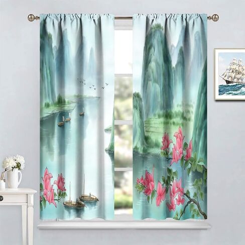 Japanese Cherry Blossom Curtain, Mountain River Pine Trees Nature Landscape Asian Style Window Treatments for Living Room Bedroom Decor, Tradition Oriental Printed Drapes 2 Panel Sets,42x45 Inch in Kuwait