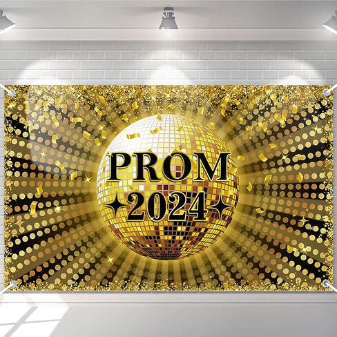 Avezano Prom 2024 Banner Gold and Black Graduation Prom Party Decorations Backdrop Disco Ball 2024 Prom Decor for Graduation 70.8 x 43.3 Inch in Saudi Arabia