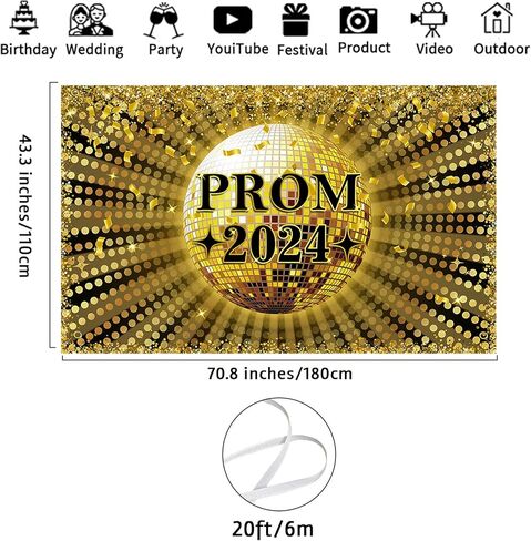 Avezano Prom 2024 Banner Gold and Black Graduation Prom Party Decorations Backdrop Disco Ball 2024 Prom Decor for Graduation 70.8 x 43.3 Inch in Saudi Arabia