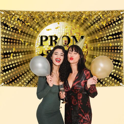 Avezano Prom 2024 Banner Gold and Black Graduation Prom Party Decorations Backdrop Disco Ball 2024 Prom Decor for Graduation 70.8 x 43.3 Inch in Saudi Arabia