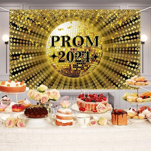 Avezano Prom 2024 Banner Gold and Black Graduation Prom Party Decorations Backdrop Disco Ball 2024 Prom Decor for Graduation 70.8 x 43.3 Inch in Saudi Arabia