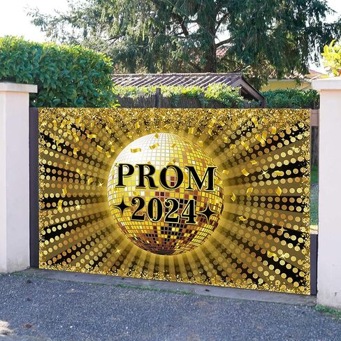 Avezano Prom 2024 Banner Gold and Black Graduation Prom Party Decorations Backdrop Disco Ball 2024 Prom Decor for Graduation 70.8 x 43.3 Inch in Saudi Arabia