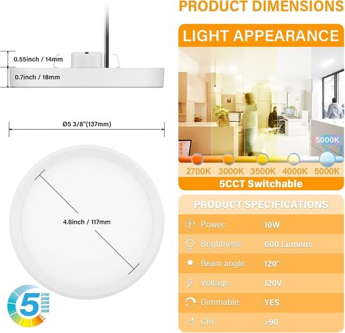 5 بوصة يمكن اختيارها من المجال 5CCT LED Edgelit إضاءة سفلية مثبتة على سطح نحيف لـ J-Box، مستديرة، لوحة مسطحة صغيرة، قابلة للتعتيم، 120VAC، 10W، 600LM، CRI90، ETL، موقع رطب، أبيض، 4 عبوات in Saudi Arabia