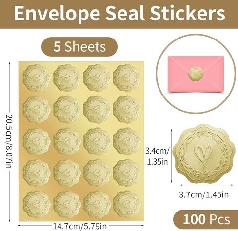 ملصقات على شكل قلب ذهبي من 300 متنزه، ملصقات على شكل مغلف على شكل قلب ذهبي منقوش، ملصقات شمع على شكل مظروف ذهبي منقوش - ملصقات ذهبية للأظرف، ملصقات زفاف تحية لتزيين المنزل بنفسك in Kuwait