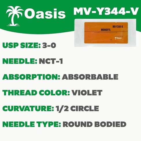Oasis Vet Monofyl (Poliglecaprone) Synthetic Absorbable Monofilament Suture, 3-0, (CT-1) 1/2 37mm Round Bodied Needle, 75cm, 12/Box, Veterinary Use in Saudi Arabia