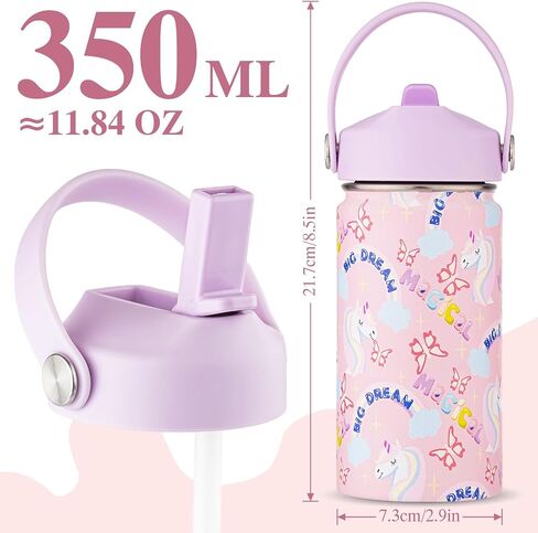 Kids Water Bottle with Straw Lid-12 oz Insulated Stainless Steel Thermal Cup, Leakproof Wide Mouth Sports Bottle Keeps Cold 12H & Hot 6H for Gym Office Outdoor in Kuwait