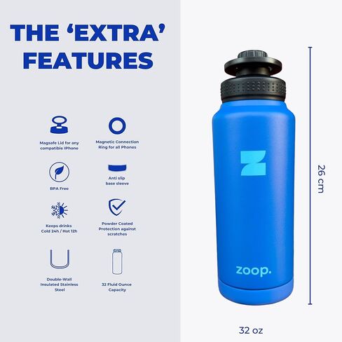 Zoopmag - 32 أوقية زجاجة مياه مغناطيسية وجبال الهاتف | زجاجة الفولاذ المقاوم للصدأ المعزول | تجريب خالي من اليدين ورفيق السفر | حامل هاتف مغناطيسي قابل للتعديل للياقة ومكالمات العمل (أسود) in Kuwait