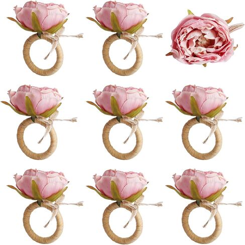 Pink Peony Napkin Rings Set of 6, Handmade Flower Rose Rings with Jute Bow Tie Rustic Dinner Napkin Holder for Valentine's Day, Wedding, Dinners, Parties Table Decoration in Kuwait