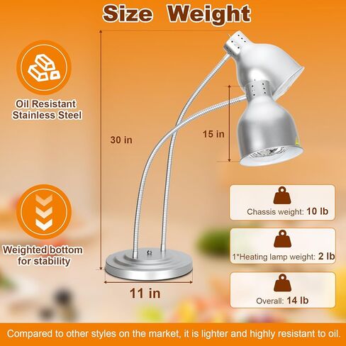مصباح حرارة للطعام ， مصباح تسخين طعام من الفولاذ المقاوم للصدأ مع قاعدة شديدة التحمل ، ومصباح حرارة محمولة 500 واط تجارية للطعام ، مصباح أكثر دفئًا لمطبخ مطعم كافيتريا in Kuwait