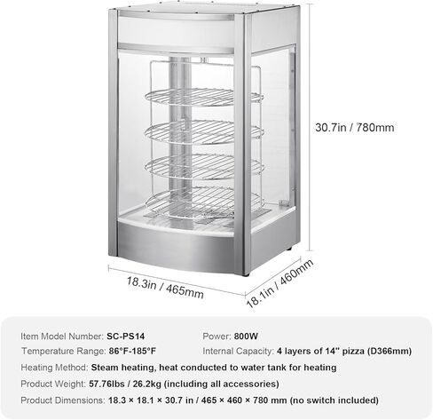 Happybuy 14" Pizza Warmer Display, 4-Tier Rotary Steam Heating, Temp Control 86℉~185℉, 25W Oven Light + LED, Commercial Food Warmer for Pizza Shop, Restaurant in Saudi Arabia