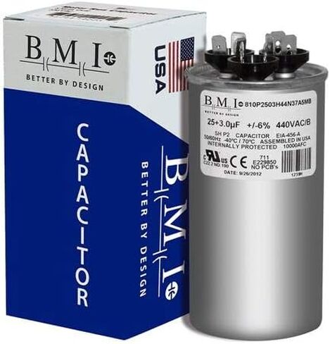 Amana CAP030250440RS استبدال - 25 + 3 UF/MFD 370/440 VAC BMI Round Dual Universal مكثف ، صنع في الولايات المتحدة. in Saudi Arabia