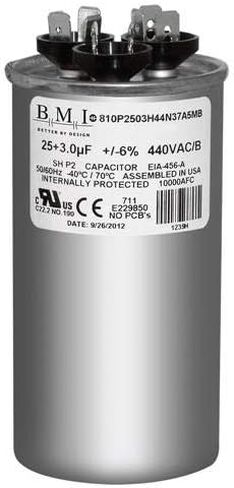 Amana CAP030250440RS استبدال - 25 + 3 UF/MFD 370/440 VAC BMI Round Dual Universal مكثف ، صنع في الولايات المتحدة. in Saudi Arabia