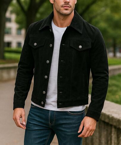 LP-FACON Mens Trucker Brown Suede Western Style Cowboy Leather Jacket in Saudi Arabia