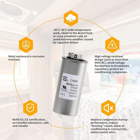 متوافق مع 55+5 UF ± 6 ٪ 55/5 MFD 370/440 VAT DUAL RUNT CAPACITOR لمكثف المكثف بشكل مستقيم أو مكيف هواء المضخة الحرارية أو محرك التيار المتردد والمروحة in Kuwait