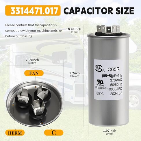 متوافق مع 55+5 UF ± 6 ٪ 55/5 MFD 370/440 VAT DUAL RUNT CAPACITOR لمكثف المكثف بشكل مستقيم أو مكيف هواء المضخة الحرارية أو محرك التيار المتردد والمروحة in Kuwait