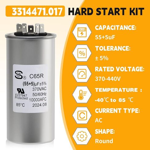 متوافق مع 55+5 UF ± 6 ٪ 55/5 MFD 370/440 VAT DUAL RUNT CAPACITOR لمكثف المكثف بشكل مستقيم أو مكيف هواء المضخة الحرارية أو محرك التيار المتردد والمروحة in Kuwait