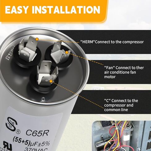 متوافق مع 55+5 UF ± 6 ٪ 55/5 MFD 370/440 VAT DUAL RUNT CAPACITOR لمكثف المكثف بشكل مستقيم أو مكيف هواء المضخة الحرارية أو محرك التيار المتردد والمروحة in Kuwait