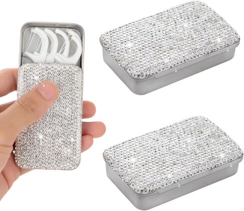 2pcs Dental Floss Holder Bling Gum Container Small Metal Tin Box Case for Q-tip,Cotton Swab（Silver in Kuwait