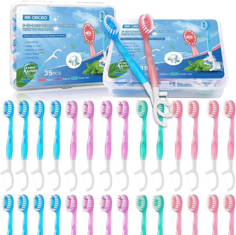 20PACK MINI فرشاة أسنان يمكن التخلص منها 5-في 1 فرشاة أسنان سفر محمولة مسبقًا مع معجون أسنان+مكشطة اللسان+خيط+اختيار فرشاة سفر صغيرة ملفوفة بشكل فردي للأطفال البالغين in Kuwait