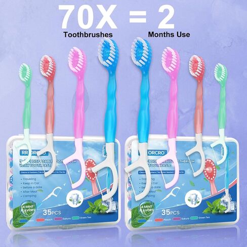20PACK MINI فرشاة أسنان يمكن التخلص منها 5-في 1 فرشاة أسنان سفر محمولة مسبقًا مع معجون أسنان+مكشطة اللسان+خيط+اختيار فرشاة سفر صغيرة ملفوفة بشكل فردي للأطفال البالغين in Kuwait