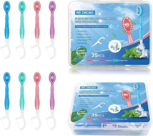 20PACK MINI فرشاة أسنان يمكن التخلص منها 5-في 1 فرشاة أسنان سفر محمولة مسبقًا مع معجون أسنان+مكشطة اللسان+خيط+اختيار فرشاة سفر صغيرة ملفوفة بشكل فردي للأطفال البالغين in Kuwait