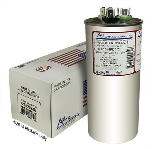 استبدال الولايات المتحدة الأمريكية - 80 + 7.5 UF / MFD Round Dual Universal Run Capacitor استبدال AMRAD USA2223B بديل - يستخدم لـ 370 أو 440 VAC in Kuwait