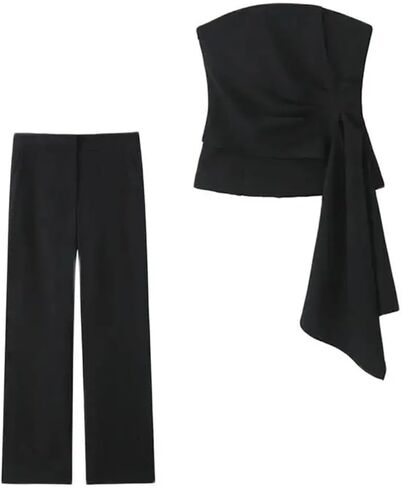 Women's Two-Piece Solid Color Tight-Fitting Top High Waist Side Pocket Flared Pants Suit in Saudi Arabia